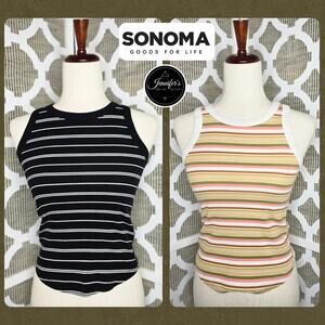 SO Juniors Striped (1) Black & White & (1) Yellow Pink Ribbed Tank Tops Size XS